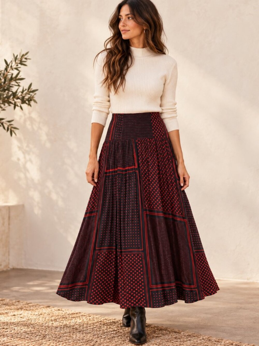 Maeve Anthropologie Maxi Skirt Womens 6 Black Red Patchwork Polka Dot Boho